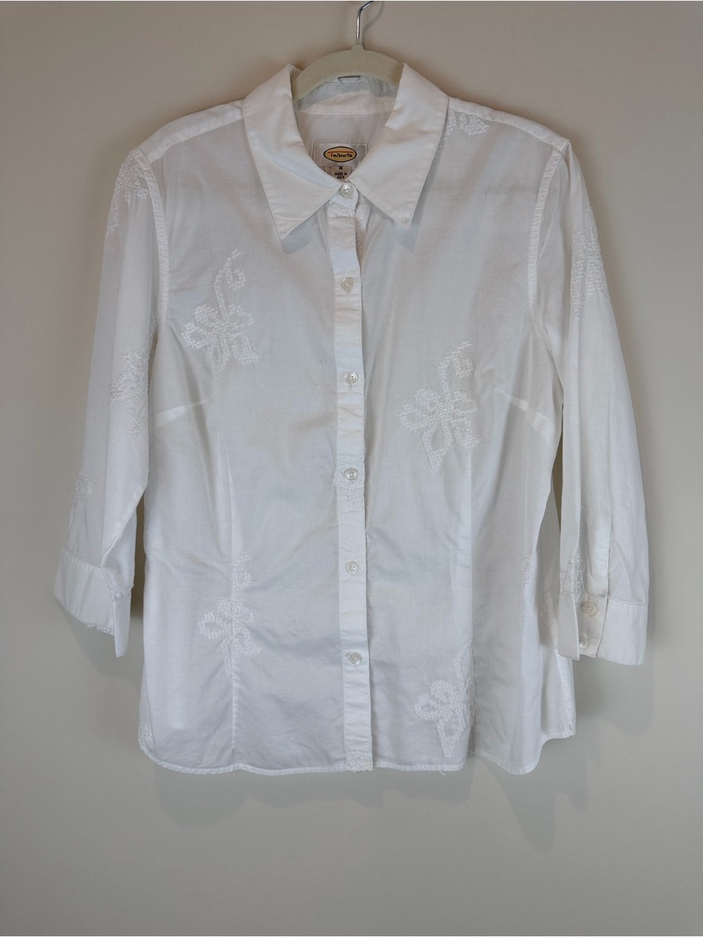 Talbots White Embroidered Button-Front Cotton Blouse Size Medium